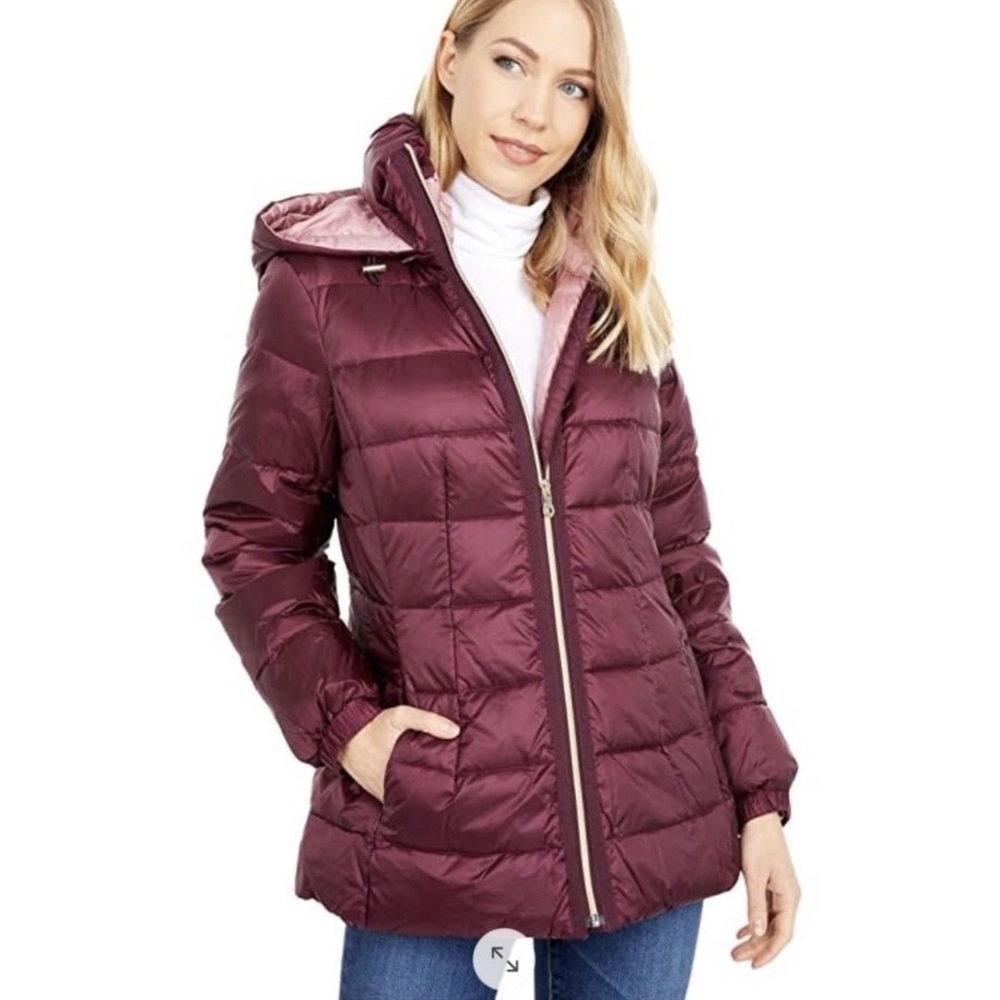 Kate Spade Women’s Untrimmed Down Puffer Coat Jacket Full Zip Hooded Red Wine M